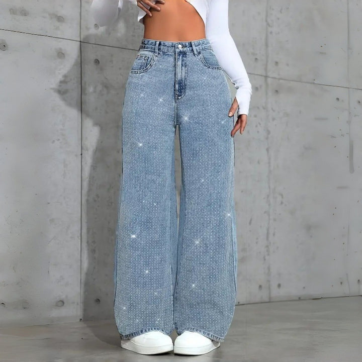 Dame Elegant High-Waist Jeans i vid passform med glitrende detalj Skjora