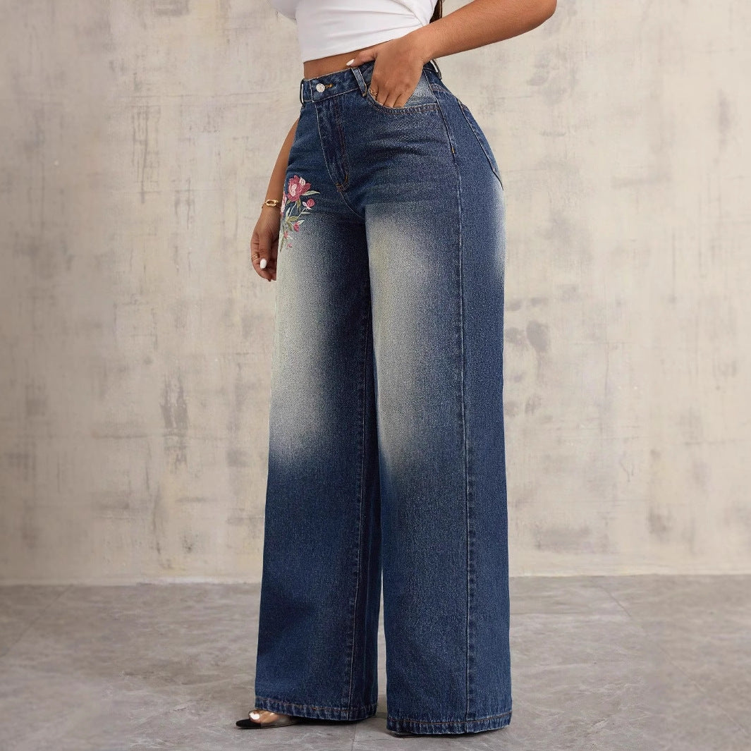 Kvinne bred denim jeans med blomsterbroderi Skjora