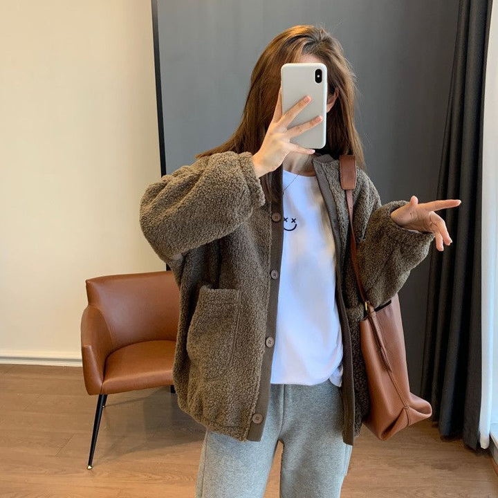Kvinne Fluffy Oversized Jakke med Store Lommer
