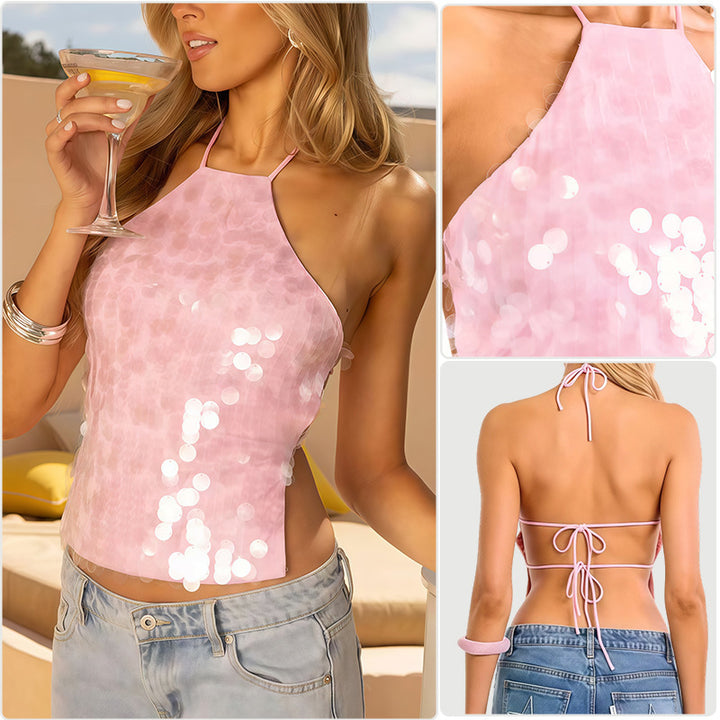 Damer Glamorous Paljett Topp med Asymmetrisk Halter Design