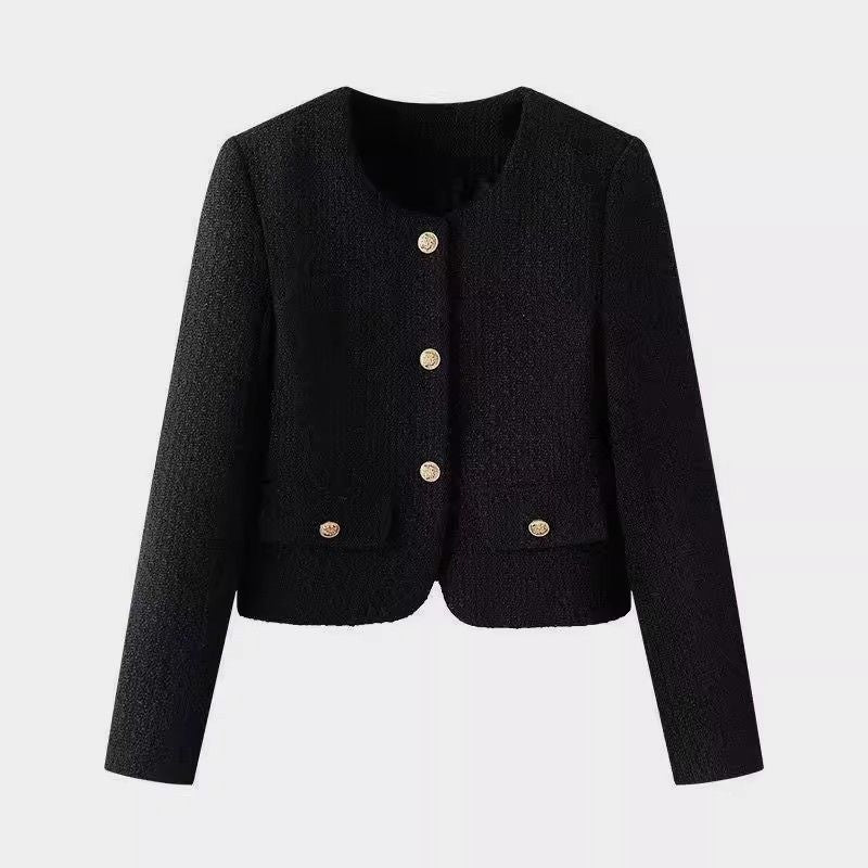 Damer elegant kort jakke i tweed stil med gullknapper Skjora