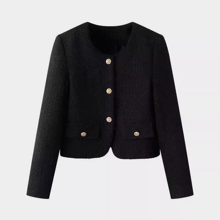 Damer elegant kort jakke i tweed stil med gullknapper Skjora