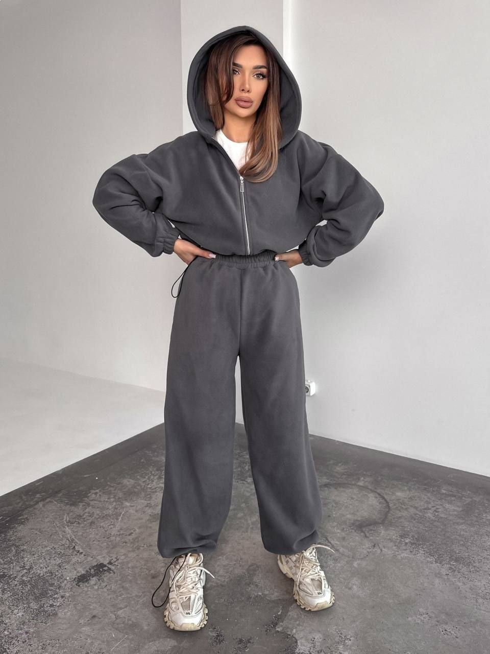 Dame Fleece Hoodie og Avslappede Joggebukser Sett
