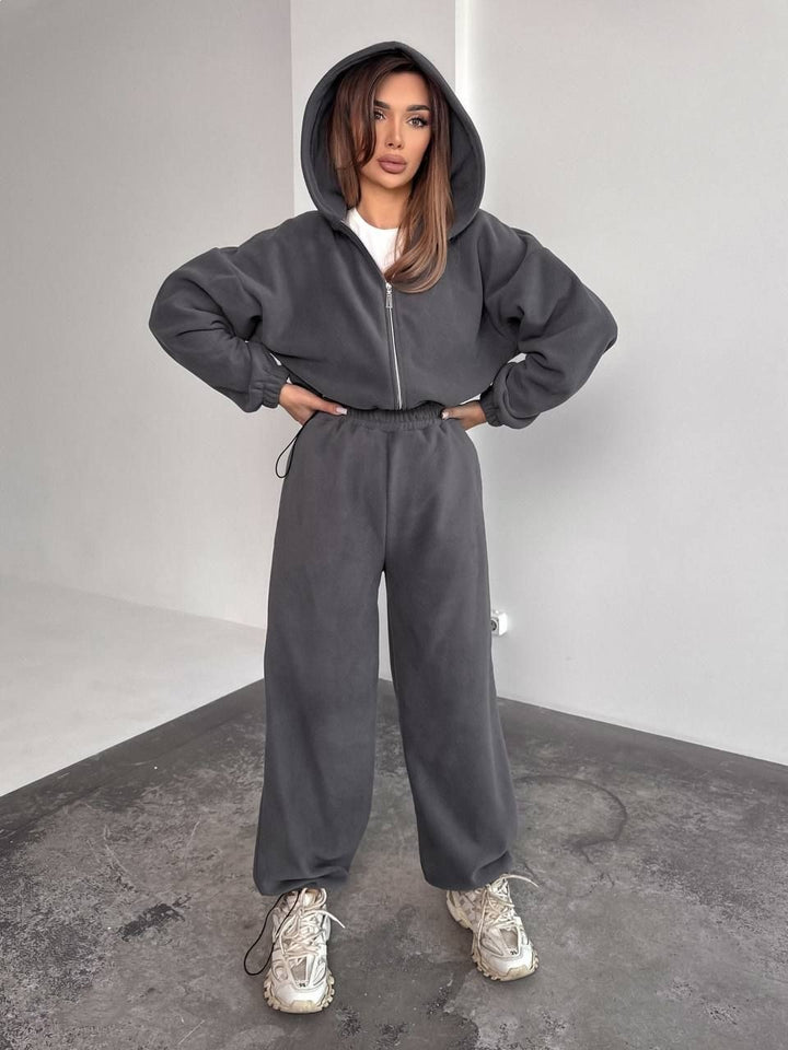 Dame Fleece Hoodie og Avslappede Joggebukser Sett