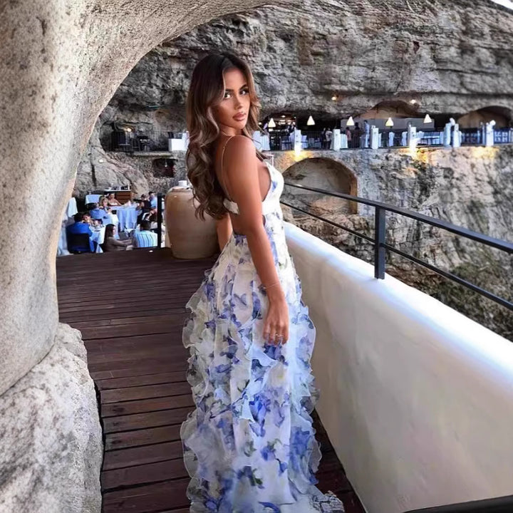 Dames Flytende Chiffon Maxi Kjole med Volangdetaljer og Blomsterakenter Skjora
