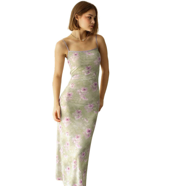 Dame elegant maxi kjole med delikate blomster mønstre og smale spaghetti stropper