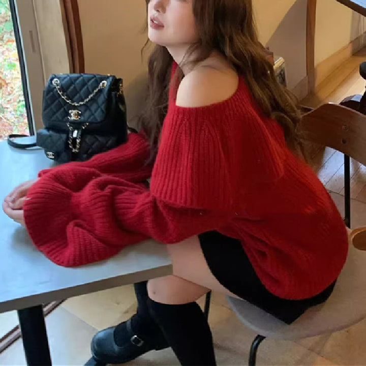 Damer Off-Shoulder Genser laget av grov Strikking Skjora