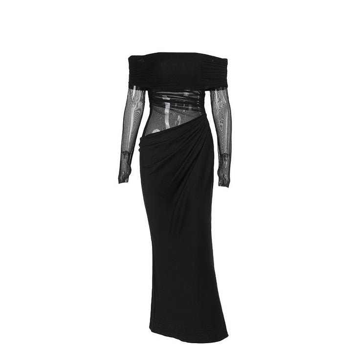 Dame Off-Shoulder Kveldsdrakt med drapert Stoff og transparente Ermer Skjora