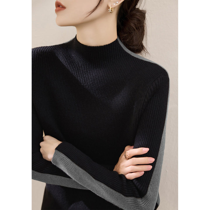 Kvinne elegant polo genser med strukturert ribbestrikket design og kontrasterende ermer Skjora