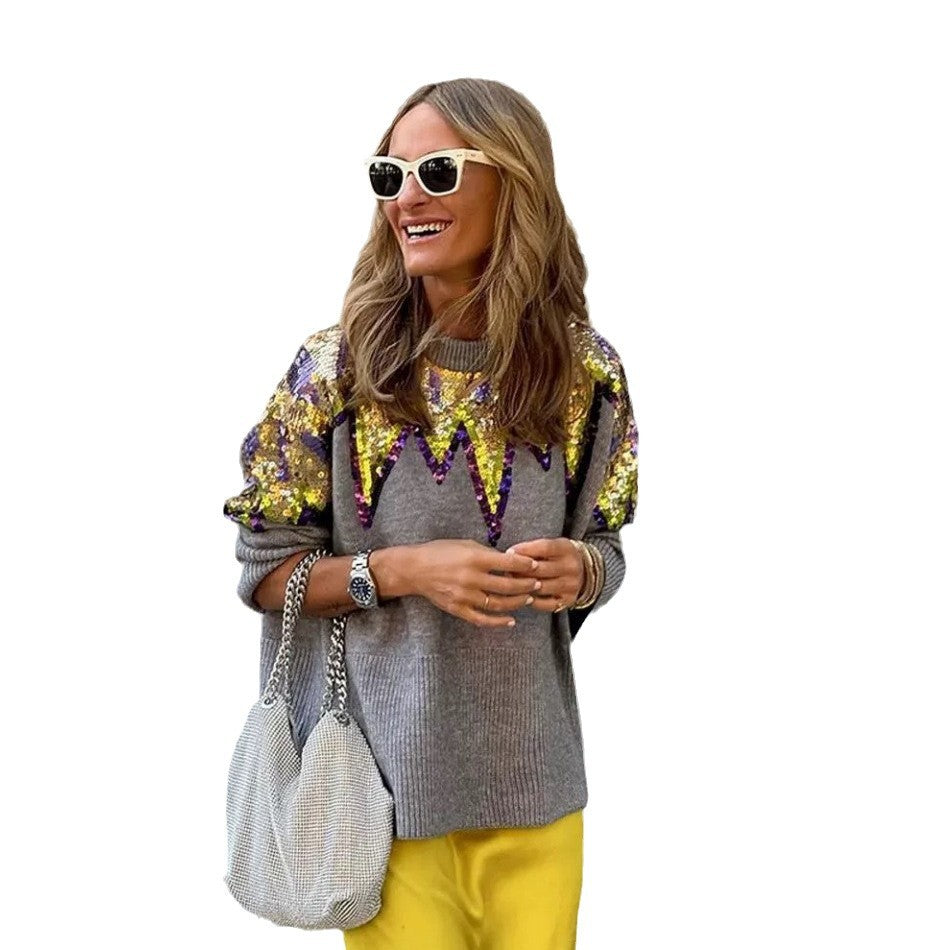 Dame Glitrende Oversized Genser med Unikt Design og Glitrende Detaljer Skjora