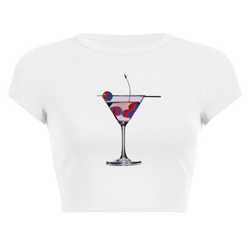 Dame ermeløs topp med kreativ cocktailmotiv Skjora
