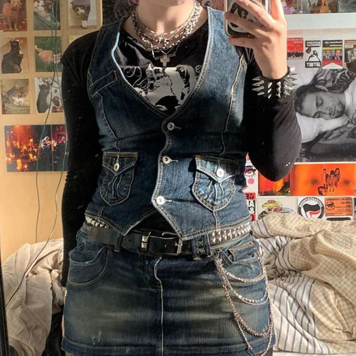 Dame Denim Bustierjakke med nostalgisk spidseinsetting og dekorative knappedetaljer Skjora