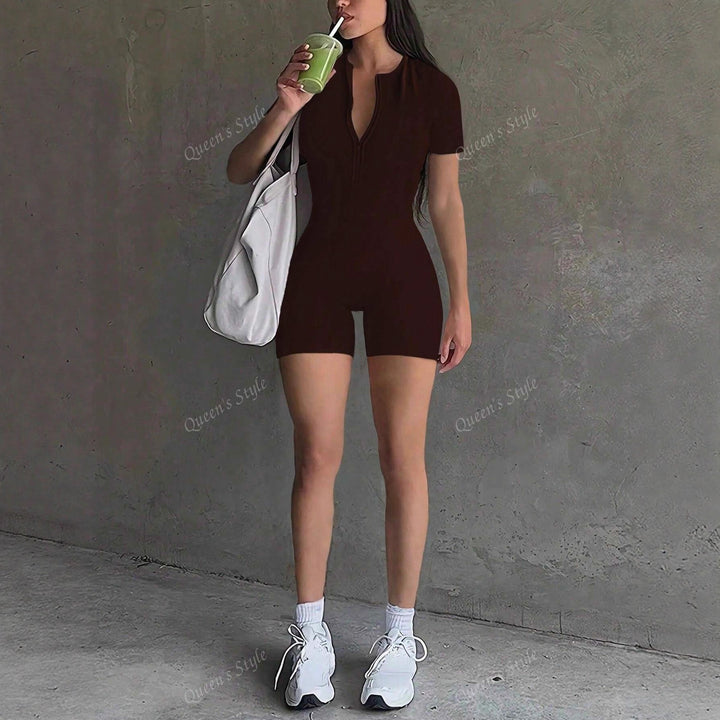 Dame Bodycon Jumpsuit med kort arm og glidelås Skjora
