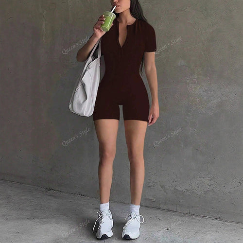Dame Bodycon Jumpsuit med kort arm og glidelås Skjora