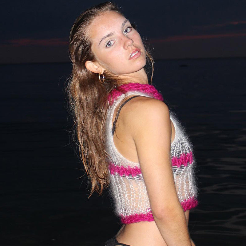 Damer trendy Cropped topp med raffinerte nett- og ribbe detaljer Skjora