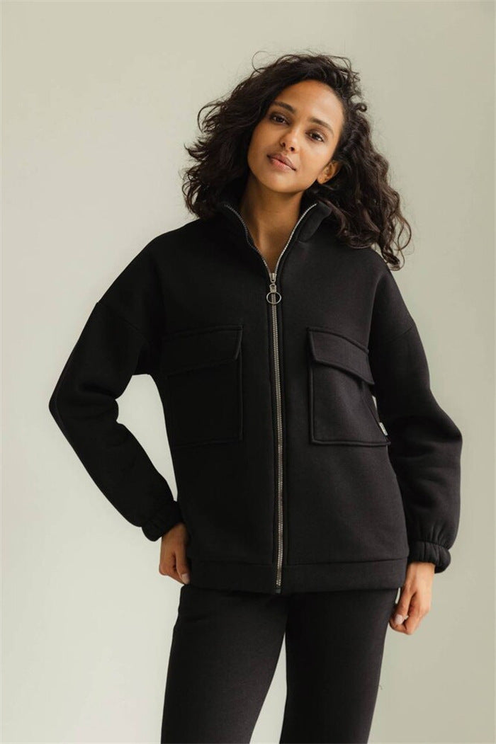 Dame Høy Kvalitet Zip Hoodie med Lommer Skjora
