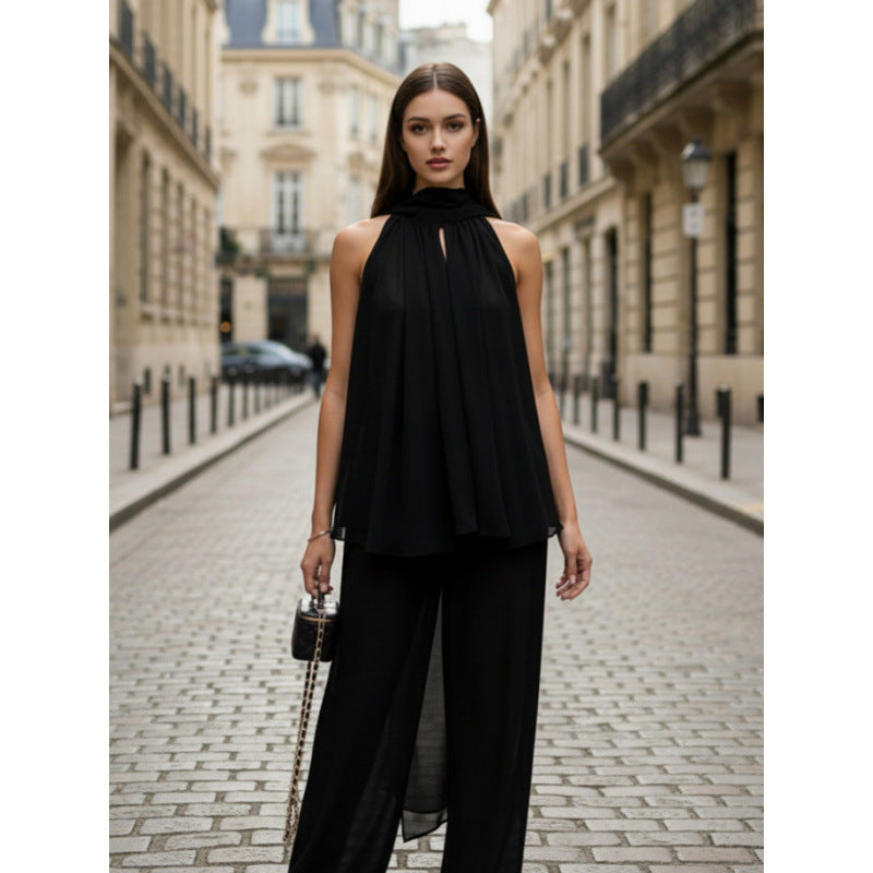 Damer Elegant chiffon topp med dyp vannfallutskjæring og flytende stoff Skjora