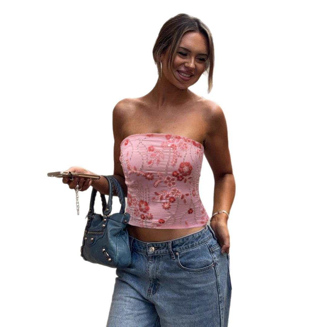 Damer elegant Crop-Top med blomsterbroderi og paljetter Skjora