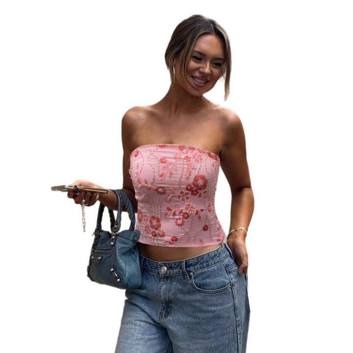 Damer elegant Crop-Top med blomsterbroderi og paljetter Skjora