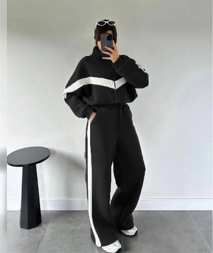 Dame sporty fleece-set med høy krage og側strefor