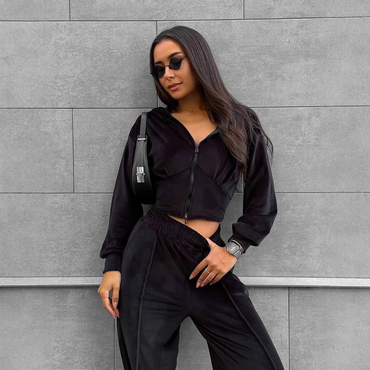Dames sporty zip hette dress med høy midje og vide bukser Skjora