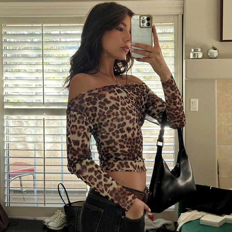 Dame Gjennomsiktig Langermet Bluse med Leopardmønster Skjora