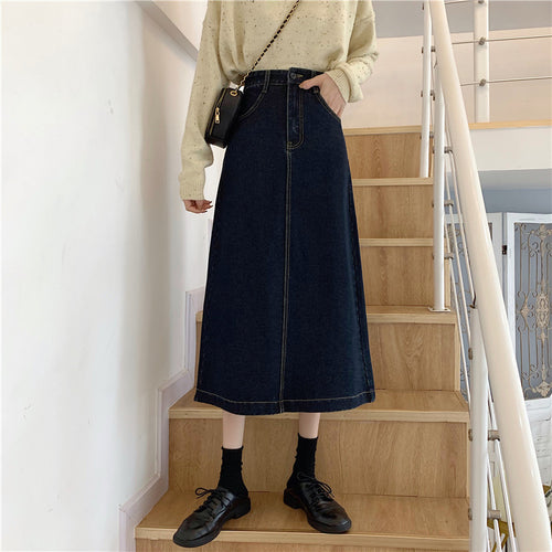 Dames denim midi skjørt med høy midje Skjora