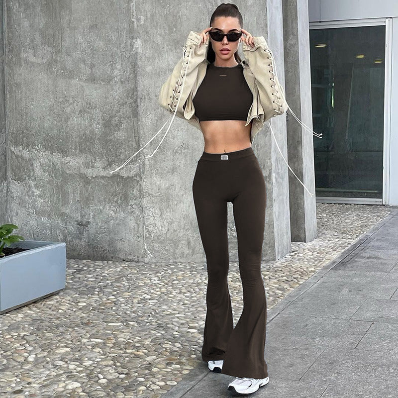 Dame Langerm Cropped Top og Flared Bukser Set Skjora