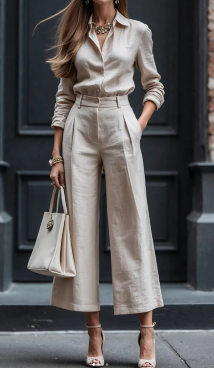 Kvinnes Elegant Lin Dress med Skreddersydd Bluse og Brede Bukser Skjora
