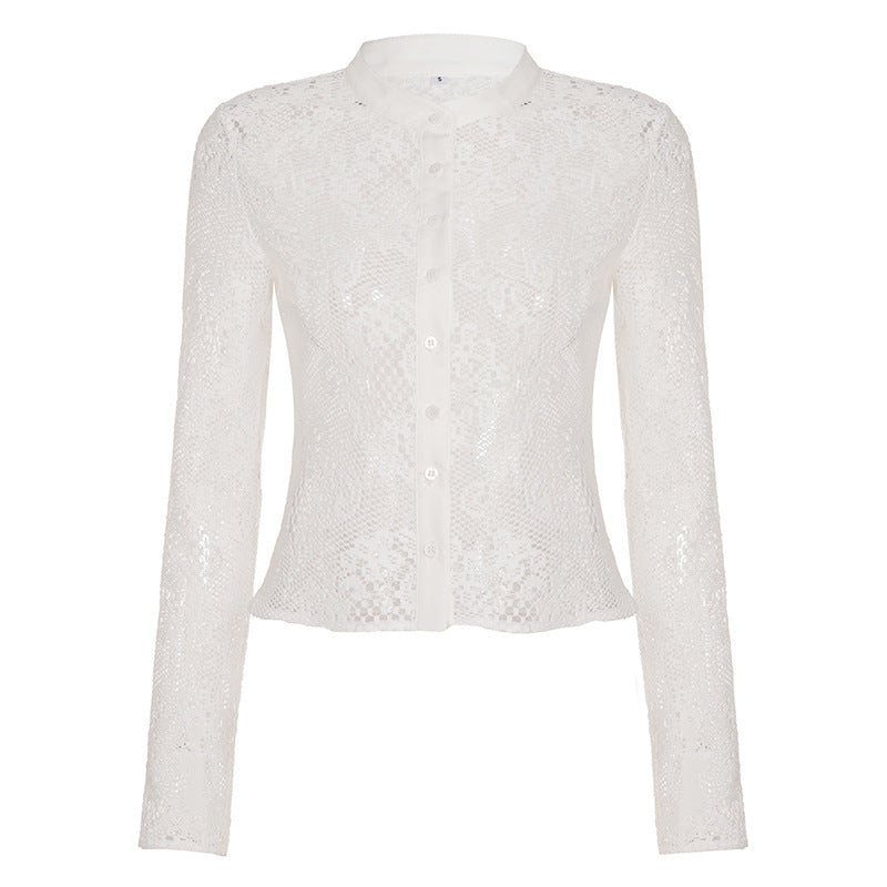 Women's pointed blouse with transparent accents and elegant button closure Skjora
