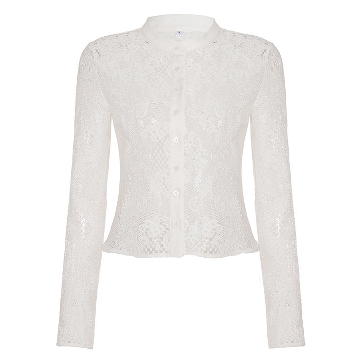 Women's pointed blouse with transparent accents and elegant button closure Skjora