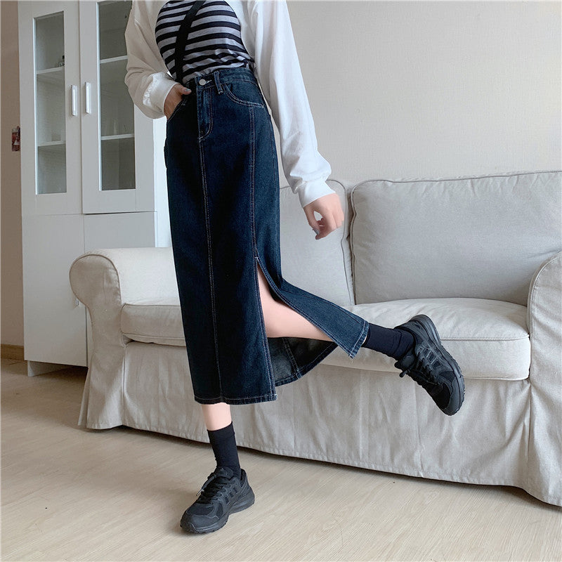 Dame lang denim skjørt med sidedeling Skjora