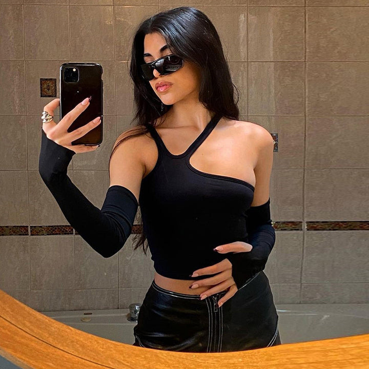 Dame Asymmetrisk Crop-Top med lange ermer Skjora