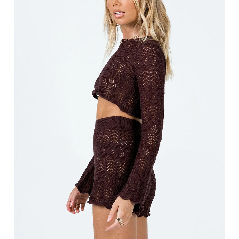 Dame elegant strikket crop-top og shorts sett Skjora