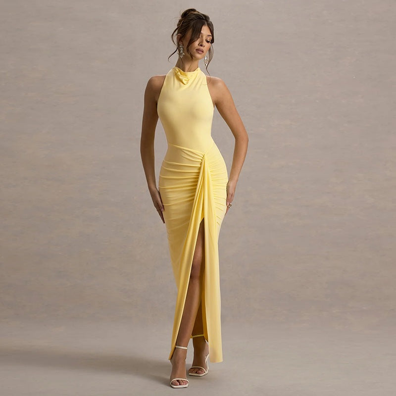 Dame Elegant Maxikjole med høyt lukket design og raffinerte draperinger Skjora
