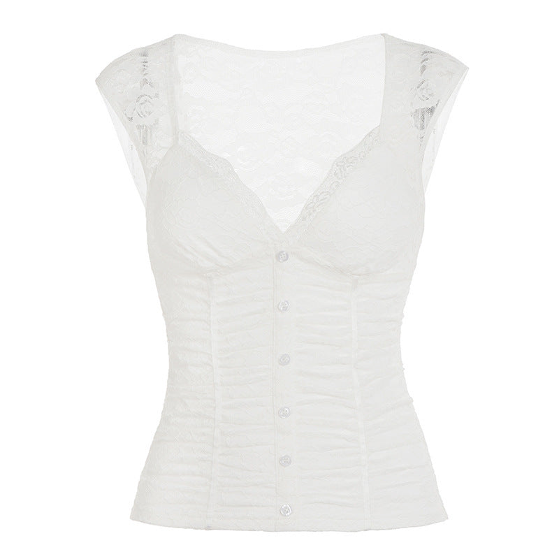 Dame Spiss-Crop-Top med elegant V-hals og volangdetaljer Skjora