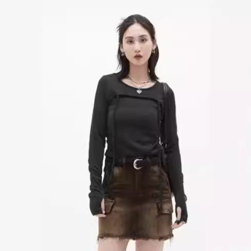 Damen Langerm Crop-Top med justerbar snor Skjora