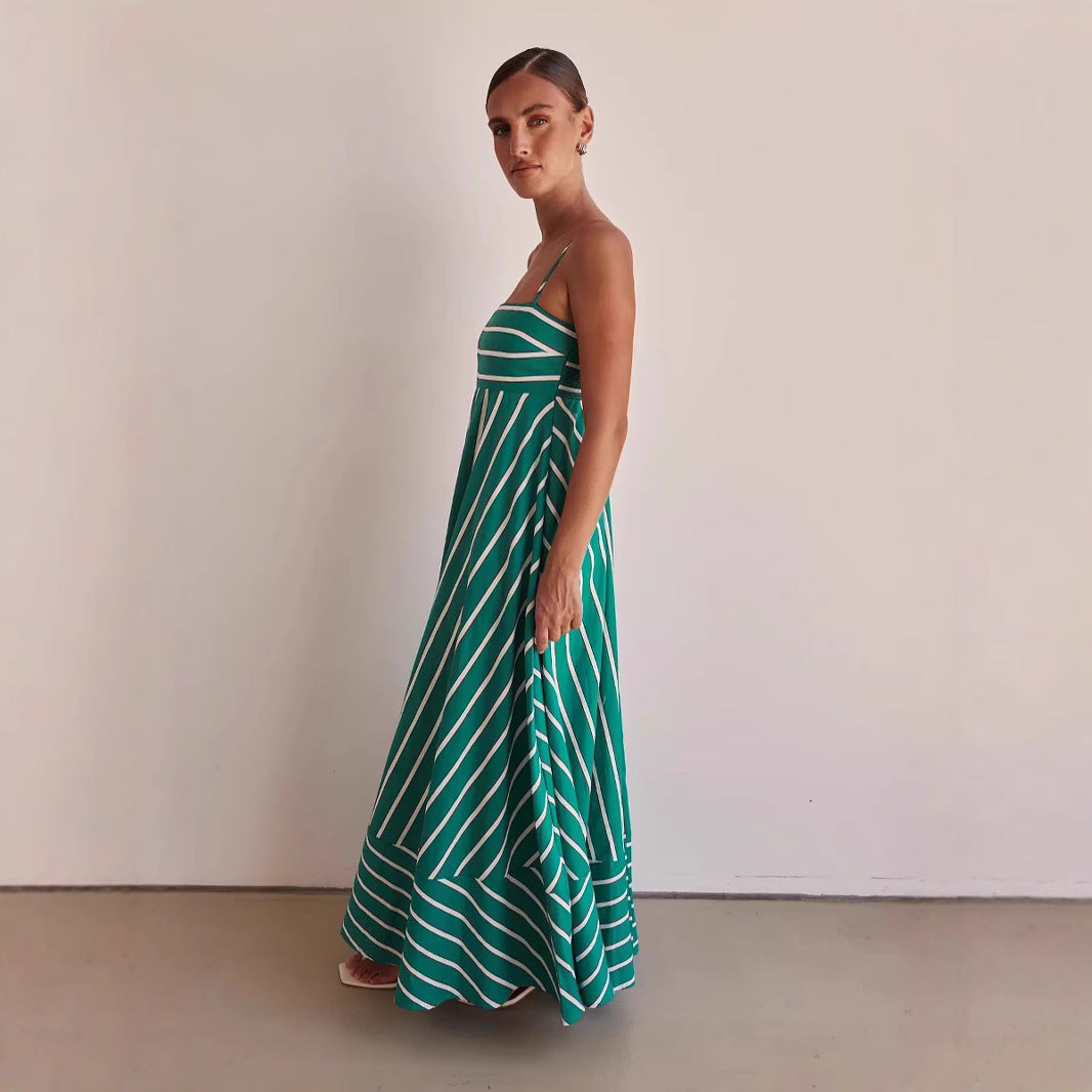 Kvinne Lange Ermer Maxi Kjole med Elegant Stripemønster og Flytende Snitt
