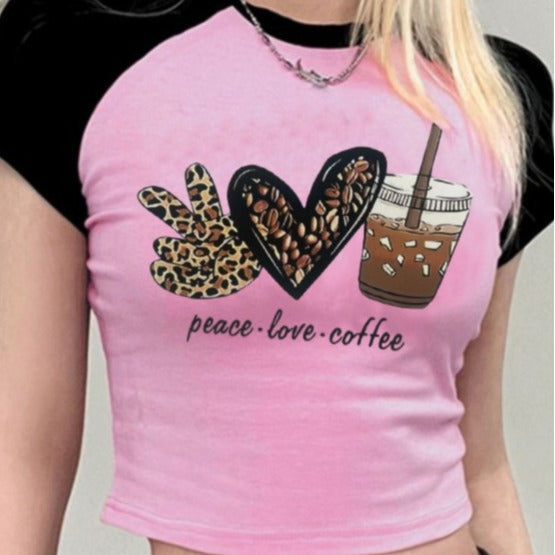 Dame Crop-T-skjorte med kreativ kaffemotiv og avslappet passform Skjora