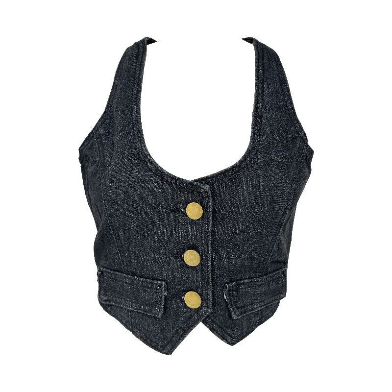 Dame Denim vest med moderne V-hals og praktiske lommer Skjora