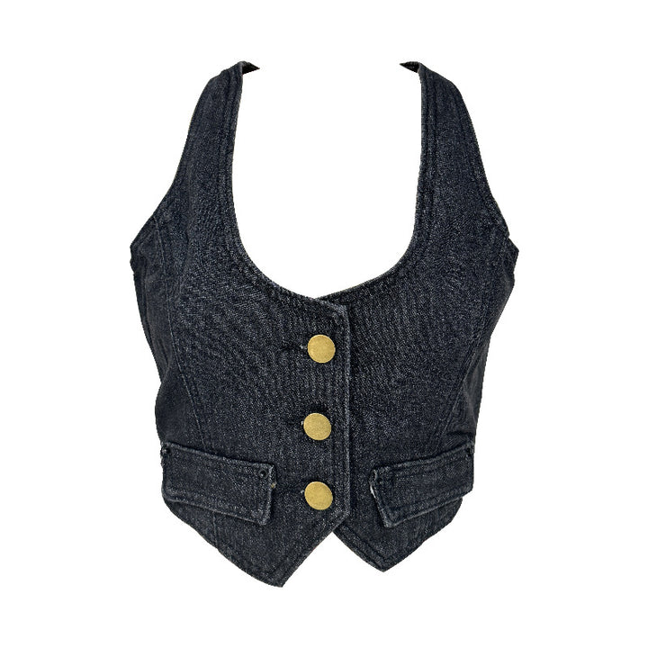 Dame Denim vest med moderne V-hals og praktiske lommer Skjora