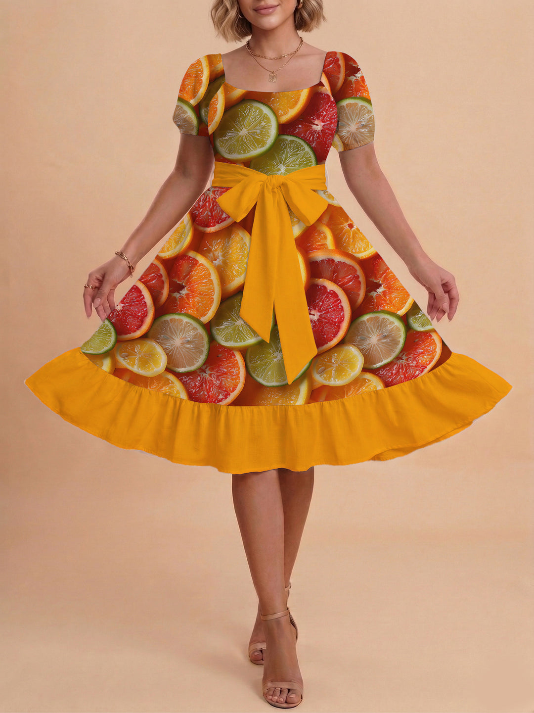 Damen Sommerliches Blumenkleid mit taillierbarem Gürtel und voluminösen Ärmeln Skjora
