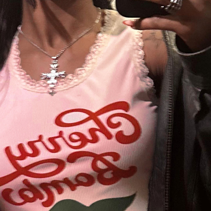 Damer uformell Crop-Top med sjarmerende spisskant og munter trykk Skjora