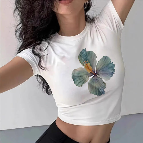 Dame Crop-T-skjorte med blomsterdesign Skjora
