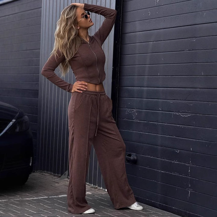 Kvinnens casual fleece lounge sett med moderne hette og elastisk midjebånd Skjora