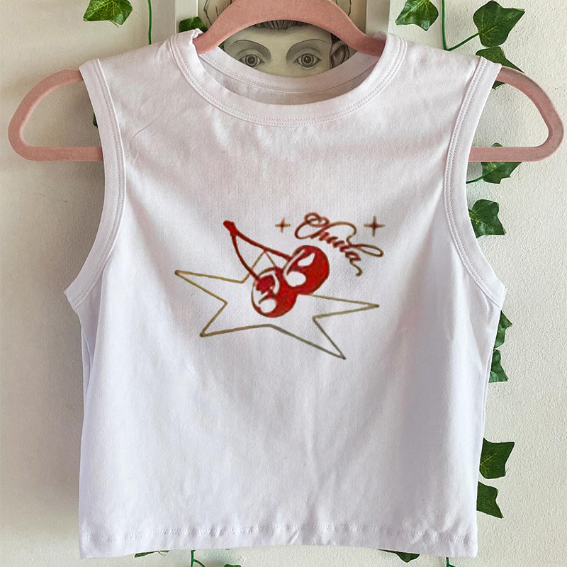 Damer avslappet ermeløs Crop-Top med friskt kirsebærmotiv Skjora
