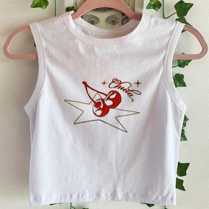 Damer avslappet ermeløs Crop-Top med friskt kirsebærmotiv Skjora