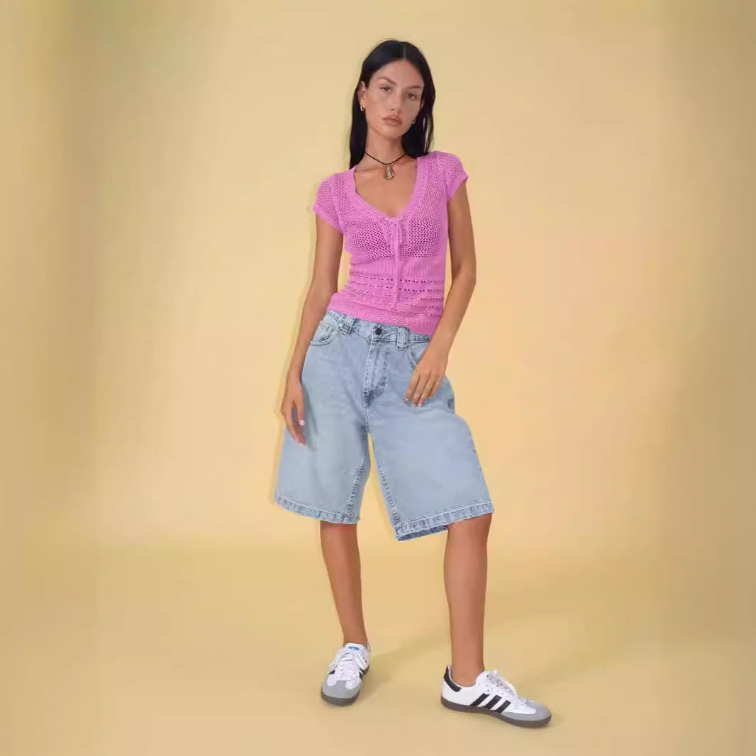 Dame casual denim shorts med vid passform og høye sidelommer Skjora