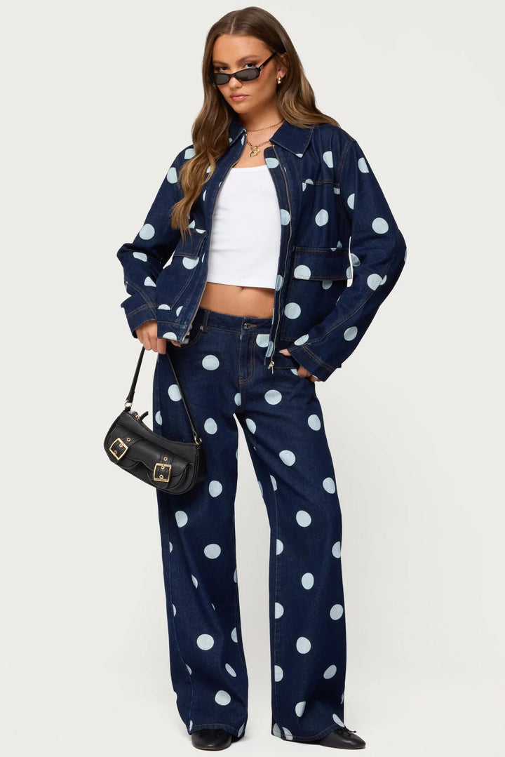 Dame Polka-Dot Denim-set med avslappet snitt og trendy detaljer Skjora