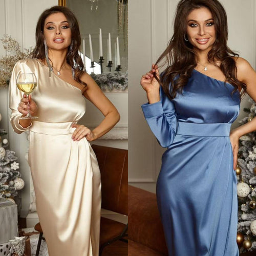 Dame Satin Kveldskjole med asymmetrisk U-utringning og elegant Drapering Skjora